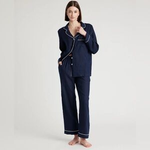 Quince European Linen Long Sleeve Pajama Set with Piping  - Navy Like New